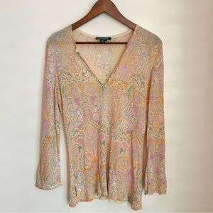 RALPH LAUREN Paisley V-Neck Blouse Silk Bell Sleeve Floral Boho Hippie Size M